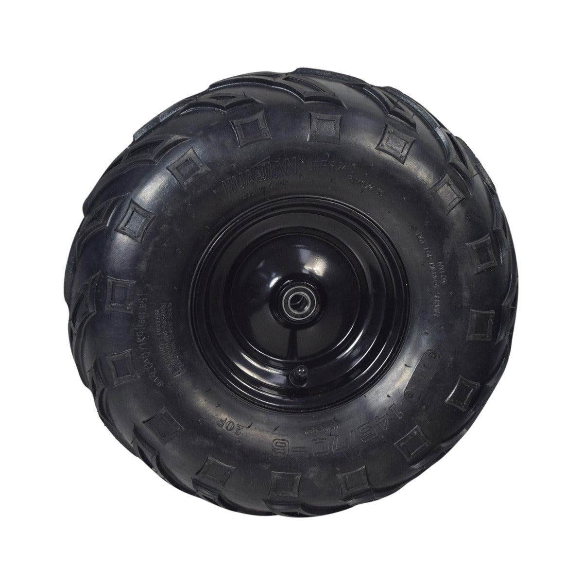 Front Wheel Assembly with Rim & Tire for the Realtree RTK200 Go-Kart, showcasing a black steel rim with a sturdy 145/70-6 tubeless pneumatic V-tread tire designed for enhanced traction on track or trail.