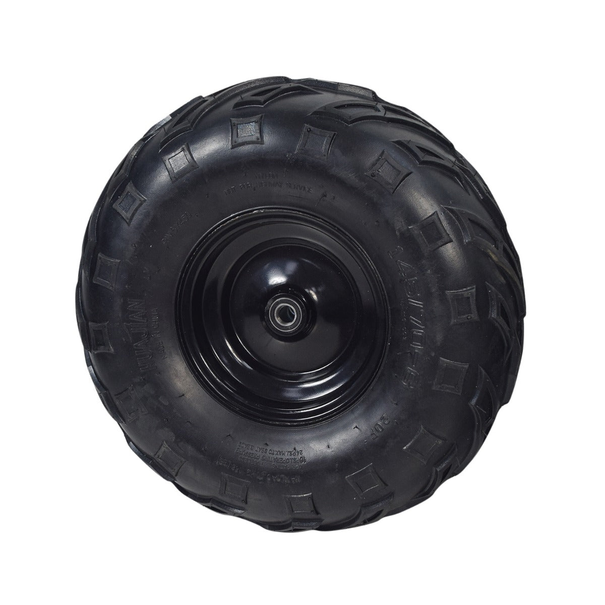 Front Wheel Assembly with Rim & Tire for the Realtree RTK200 Go-Kart, featuring a black steel rim and a 145/70-6 tubeless pneumatic V-tread tire designed for superior traction on various terrains.