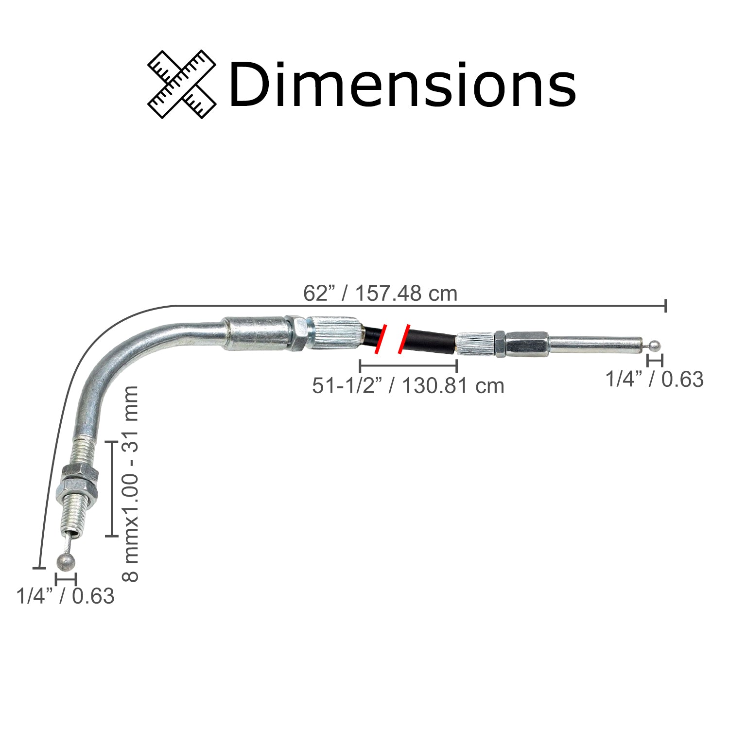 62 Reverse Gearbox Cable with Ball Ends for Go-Karts with 150cc GY6 Engines, displaying a metal cable with ball ends and an elbow noodle, suitable for replacing worn-out gearbox cables.