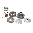 NCY Super Transmission Set for the Honda Ruckus & Metropolitan (2012 & Older), featuring close-up views of metal parts including variator pulley, clutch, roller weights, and a metal circular object with holes.