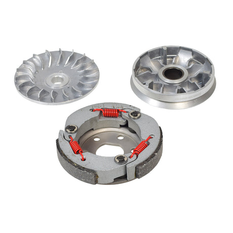 NCY Super Transmission Set for the Honda Ruckus & Metropolitan (2012 & Older), featuring a metal circular object with red springs, designed for variator pulley, clutch, and roller weights.