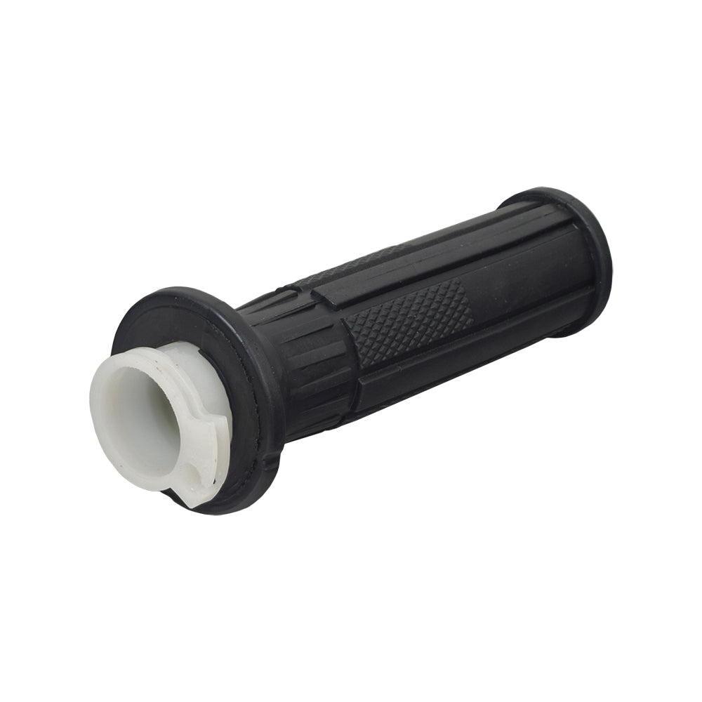 Universal Handlebar Grip with Throttle Connector for gas scooters, featuring a close-up view of the black handle with a white grip, showcasing the durable plastic construction.