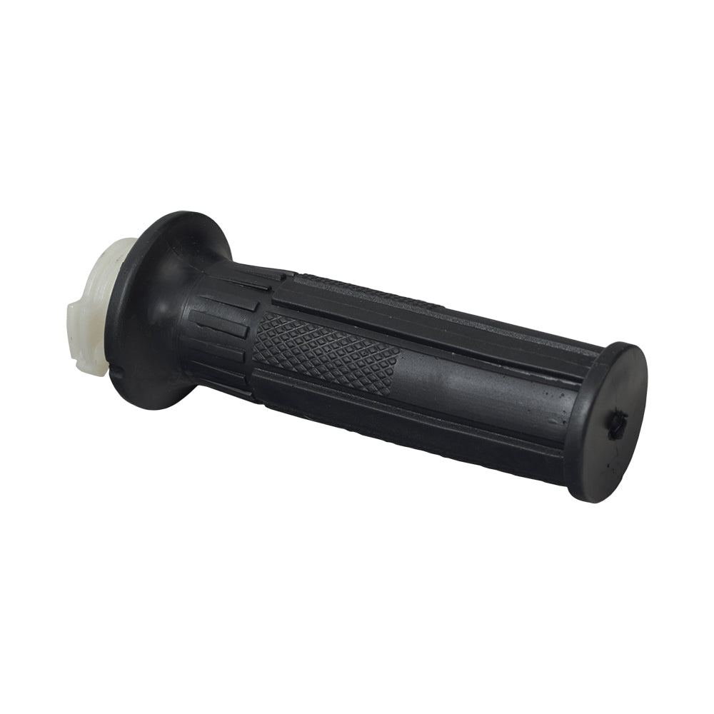 Gas Scooter Parts: Scooter Hand Throttle featuring a black handle with a white rubber grip, designed for easy control. Includes handle bar grip and kill switch, suitable for gas scooters, pocket bikes, and mini choppers.