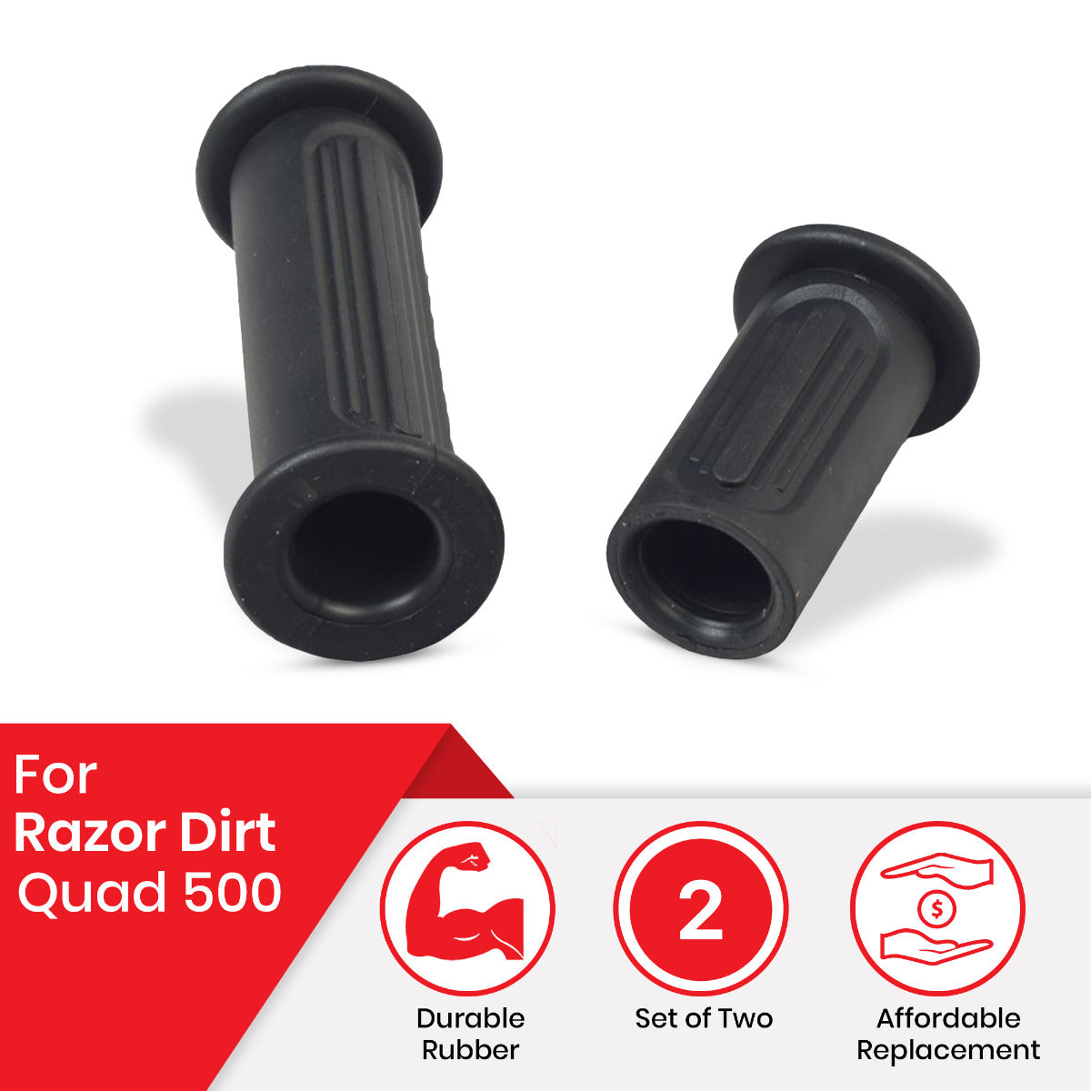 Handlebar Grip Set for the Razor Dirt Quad 500 (Version 1+), featuring one full-length black rubber grip and one half-length grip, designed to replace worn-out handles for a secure ride.