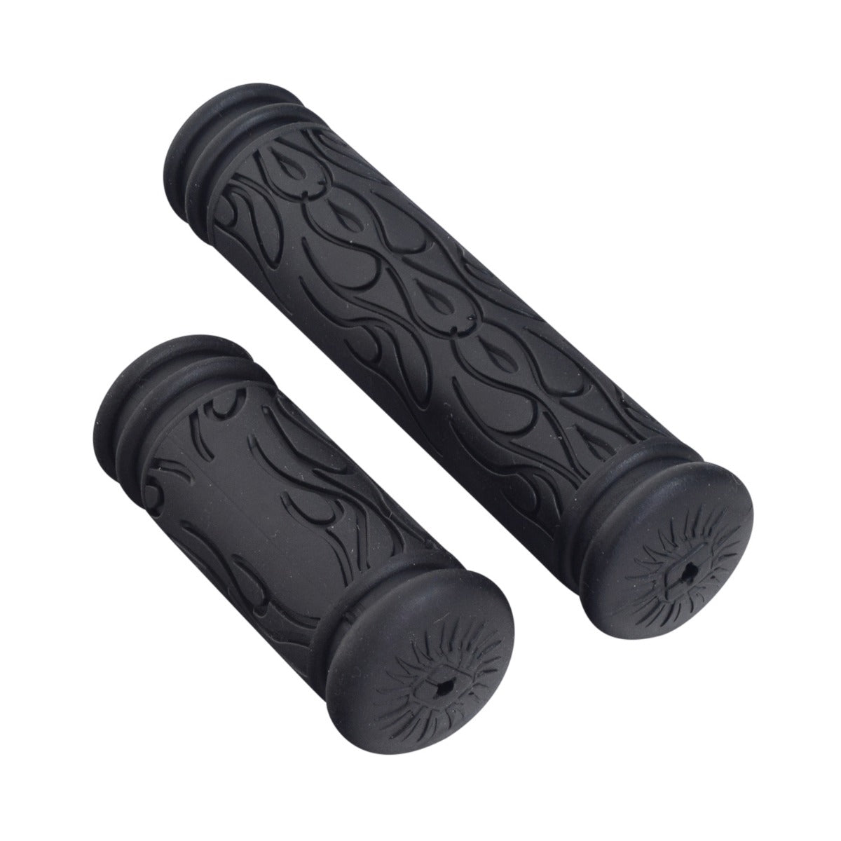 Handlebar Grip Set for Currie Scooters, featuring a close-up of black rubber grips designed for Schwinn, IZIP, eZip, and Mongoose models. The image highlights the textured surface and ergonomic shape.