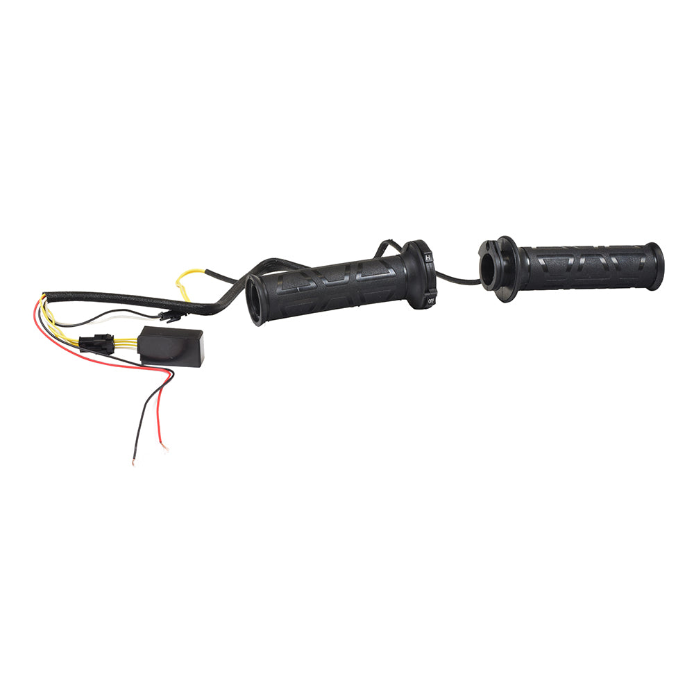 12 Volt Heated Snowmobile Grips with visible black handlebars, wires, and a close-up of a switch, designed for thumb throttles on 7/8 diameter handlebars to keep hands warm during rides.