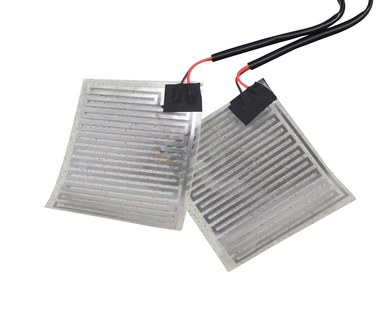 12 Volt Heated Grip Pad Kit for Scooters, ATVs, & Dirt Bikes includes two rectangular plastic bags containing heated pads with wires, adhesive tape, and an on/off switch for easy installation.