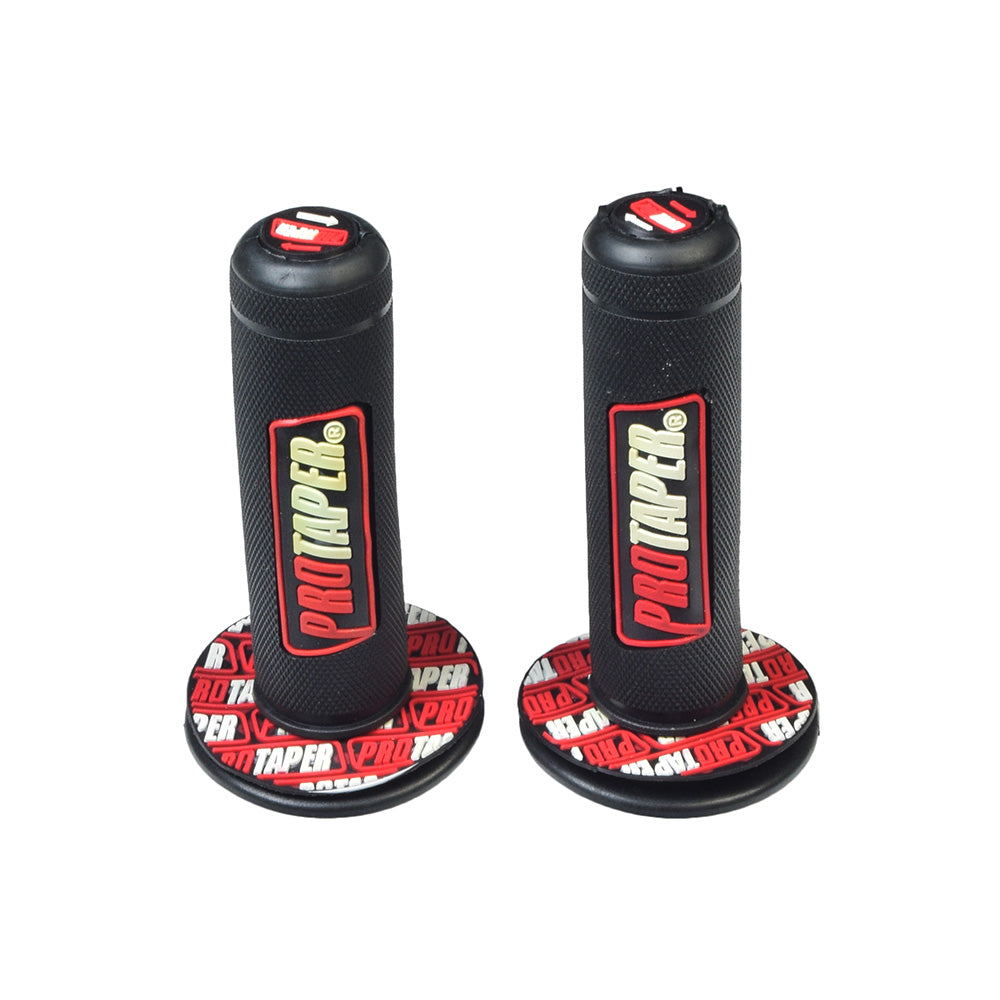 Red Pro Taper Handlebar Grip Set (Blemished) featuring black grips with red and white text, including one grip with the Pro Taper logo upside down.