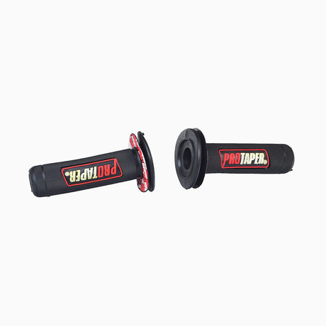 Red Pro Taper Handlebar Grip Set (Blemished) showing a close-up of the handle with the Pro Taper logo, mounted on a device, highlighting the dual-layer construction and diamond texture.