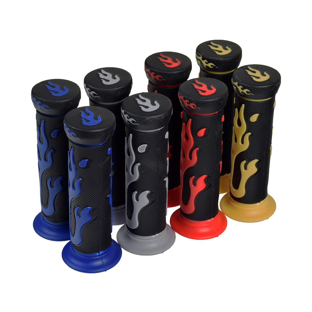 Universal Handlebar Grip Set with Flames, featuring various grips adorned with flame designs, suitable for multiple scooter types, providing excellent grip and stylish flair.