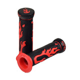 Universal Handlebar Grip Set with Flames featuring black and red flame patterns. These grips offer a secure hold and are designed for various scooters and bikes with a 7/8 handlebar diameter.