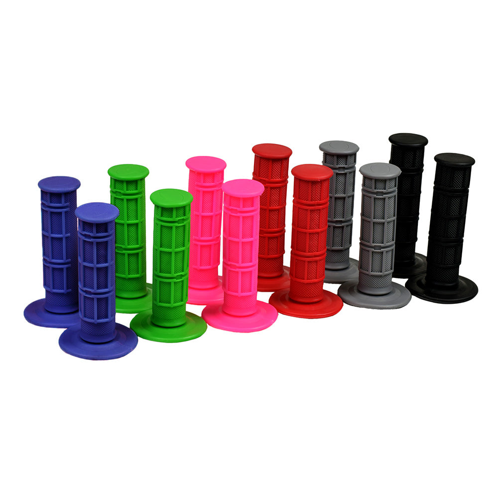 Rubber Waffle Style Handlebar Grip Set for Scooters, ATVs, & Dirt Bikes, featuring a close-up view of several textured grips, illustrating their secure and comfortable design for enhanced rider control.