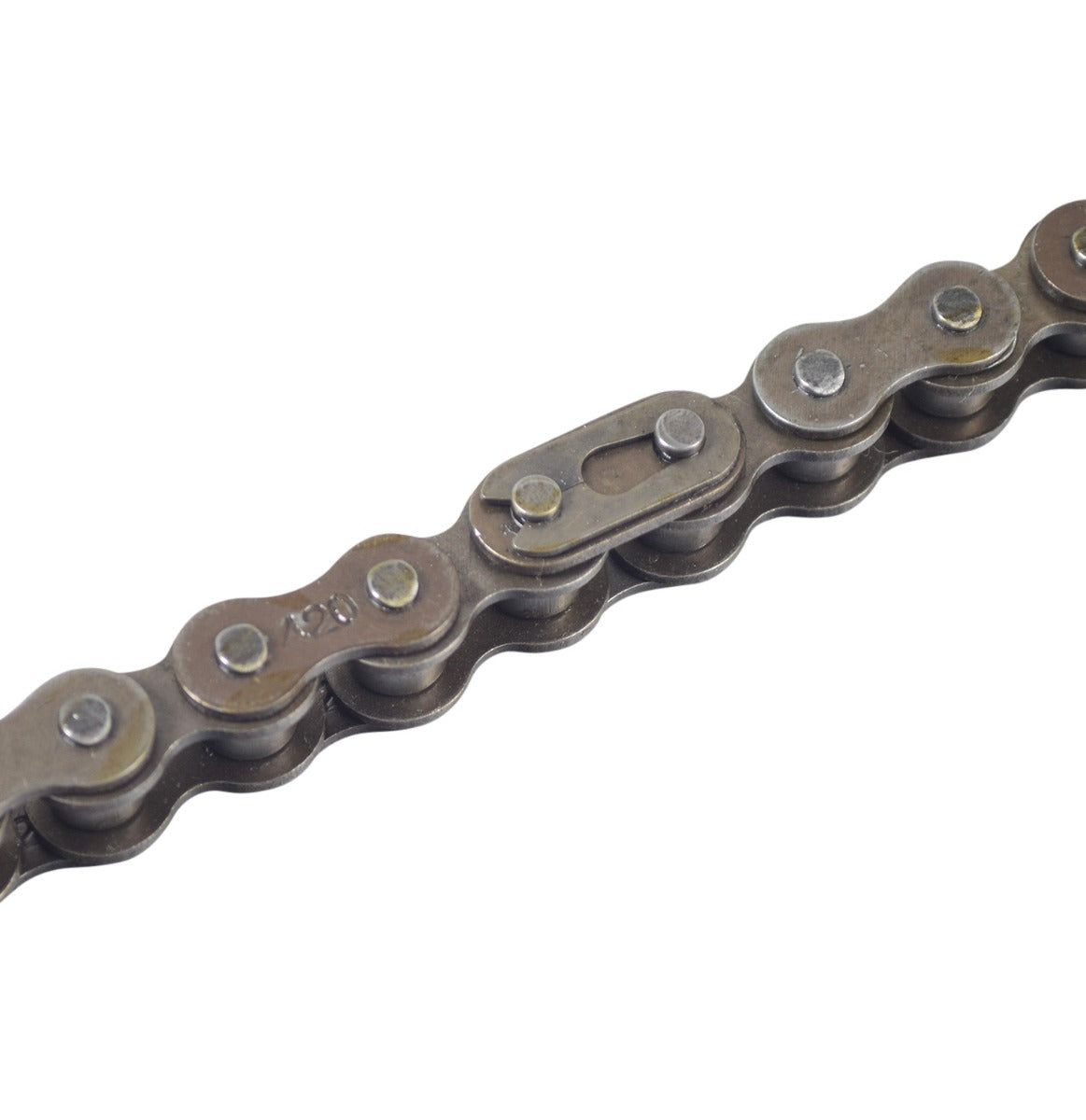 84 Link #420 Timing Chain for 110cc & 125cc Go-Karts & Dune Buggies shown close-up, highlighting its metal links and intricate design essential for engine valve timing.