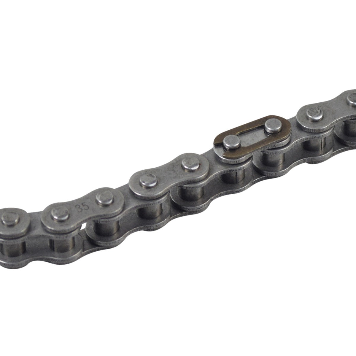 50 Link #35 (06C) Jackshaft Chain for Coleman CK100 & SK100 Go-Kart, featuring a close-up of metallic links interconnected with a central screw, designed for clutch to drive sprocket connection.