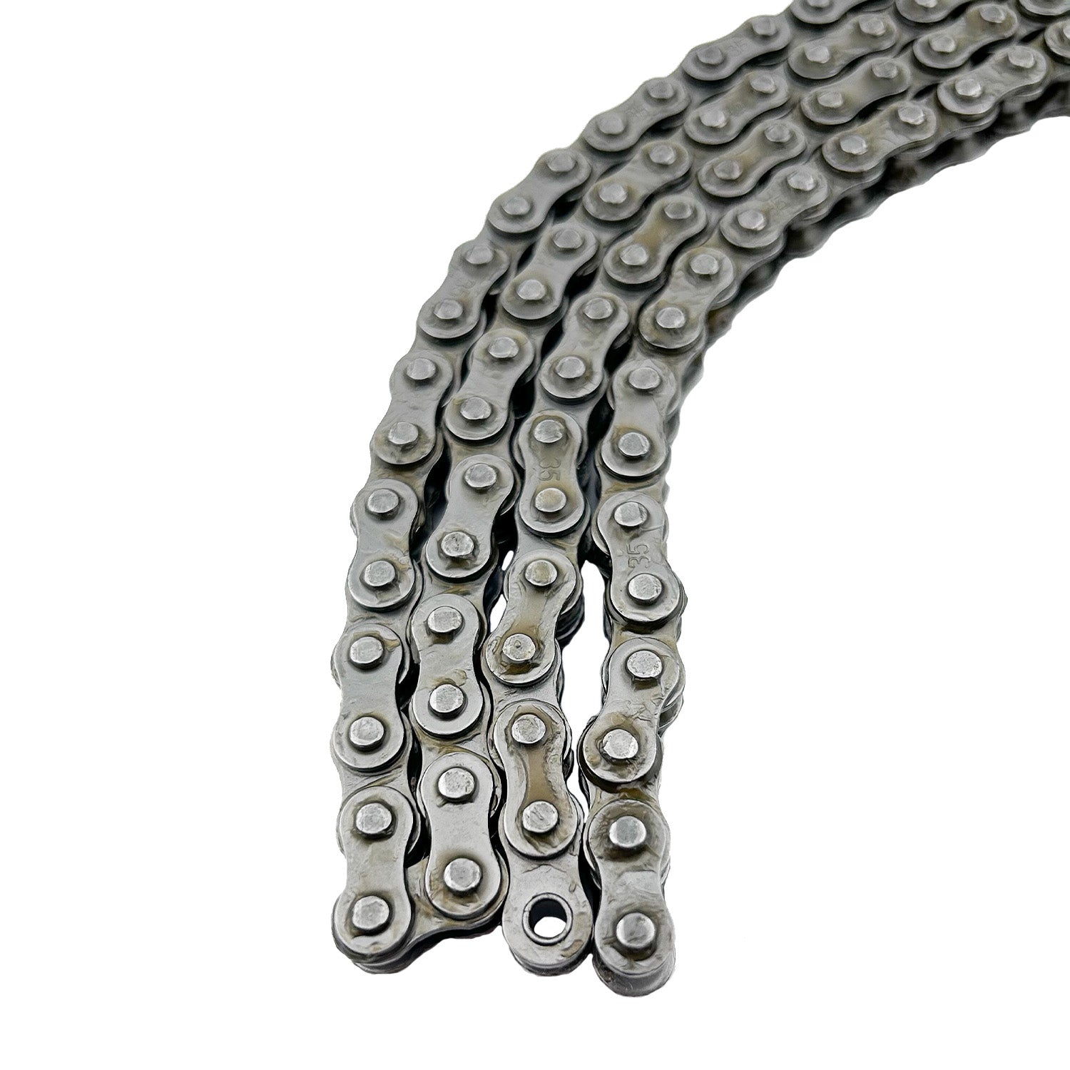 Close-up of a #35 Open Loop Chain - 4 Feet (128 Link) with Master Link for Go-Karts, Mini Bikes, & Scooters, featuring small interconnected metal links.