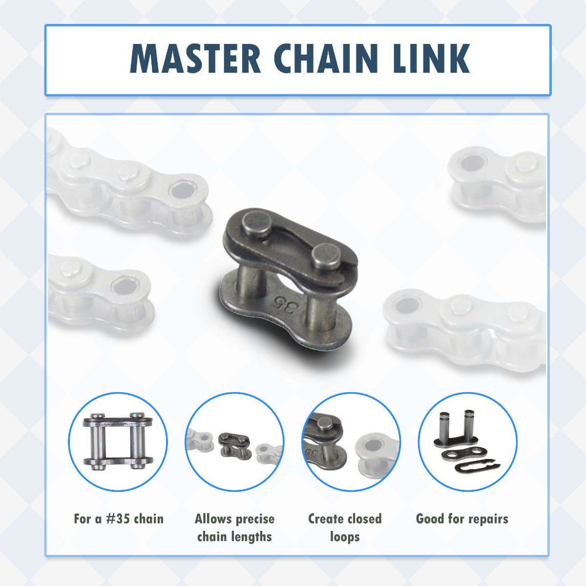 #35 Chain Master Link shown in close-up with various chain parts, highlighting its components and functionality for connecting and repairing mini bike chains through simple DIY repairs.