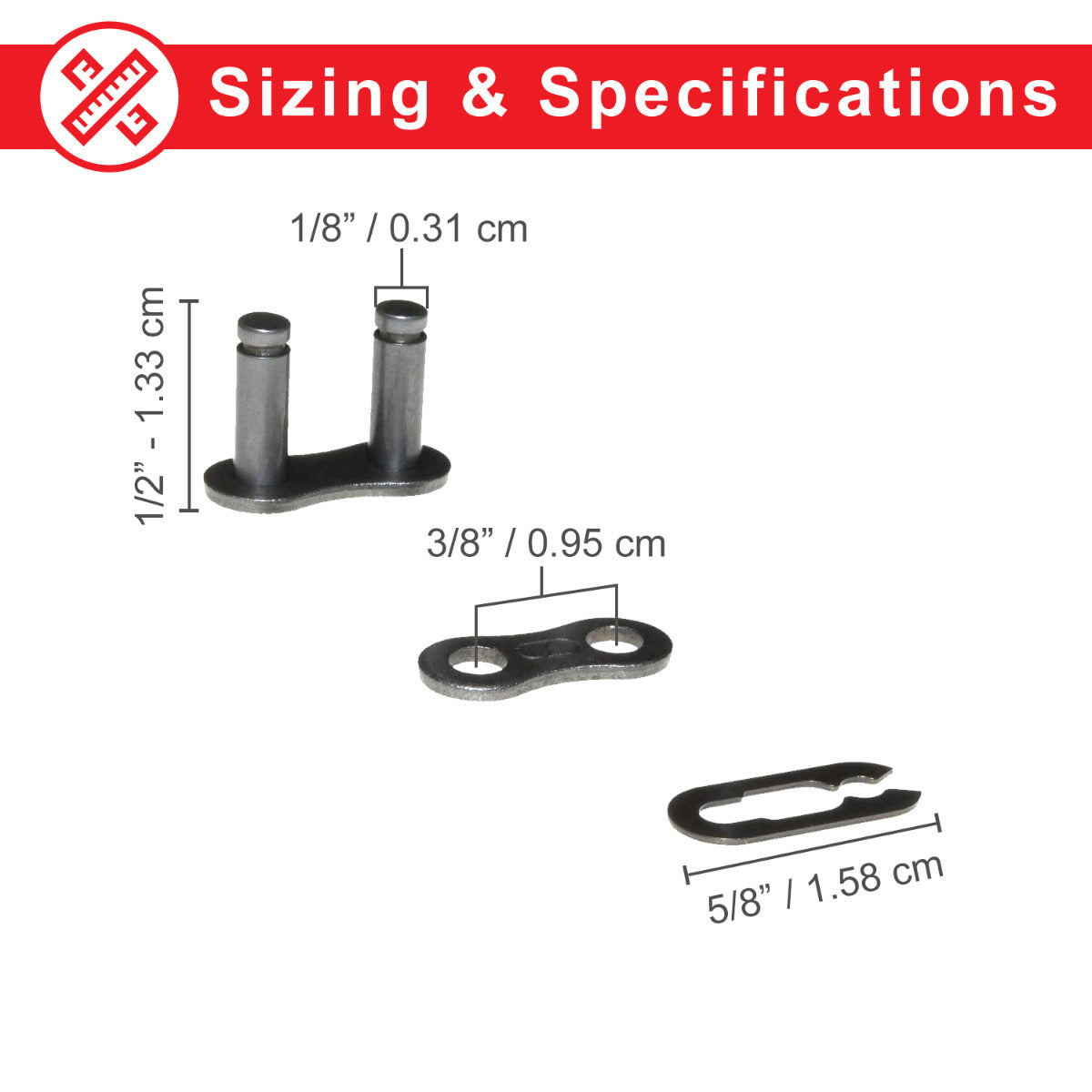 Diagram showing a #35 Chain Master Link with a pin for connecting chain ends or repairing busted links. The black metal tool aids in precise chain fitting for mini bikes.