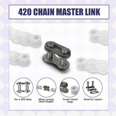 420 Chain Master Link for scooters, motorcycles, dirt bikes, go-karts, and ATVs; close-up of interconnected metal links forming the chain.