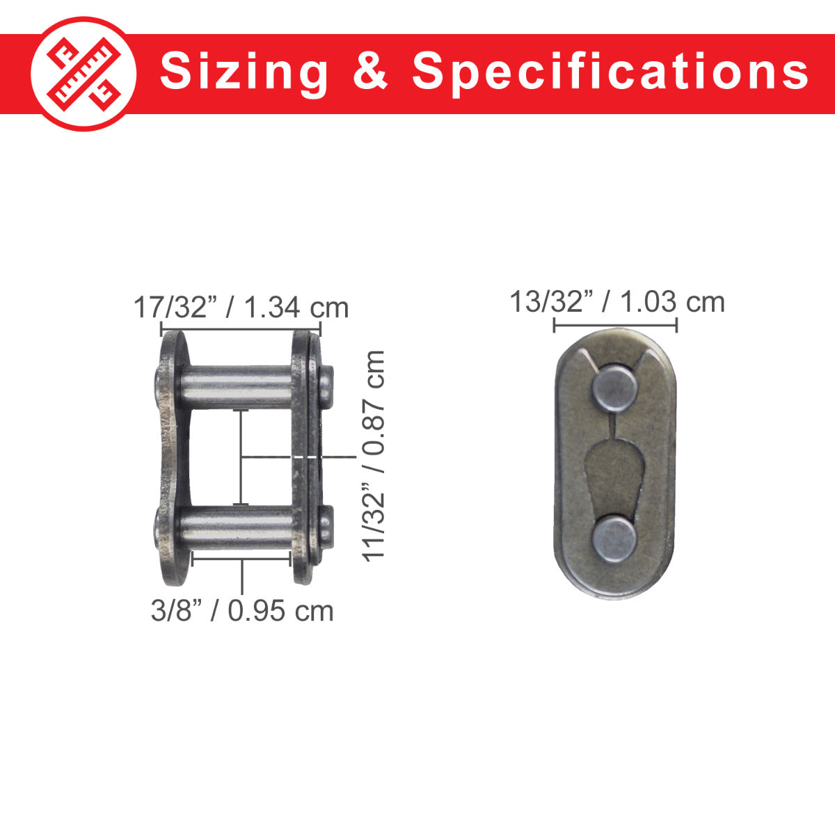 420 Chain Master Link diagram showing size chart and close-ups of keyhole and chain link, designed for scooters, motorcycles, dirt bikes, go-karts, and ATVs.