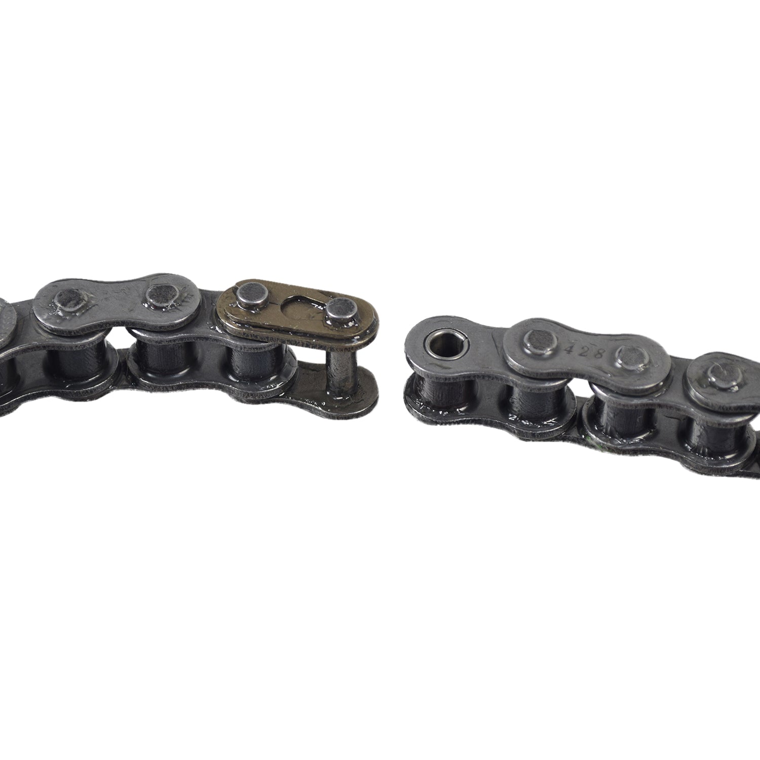 Close-up view of the 428 ATV & Dirt Bike Open Loop Chain, showcasing its metal links and durability. Ideal for motorcycles, dirt bikes, ATVs, and go-karts. Includes 10 ft. length with master link.