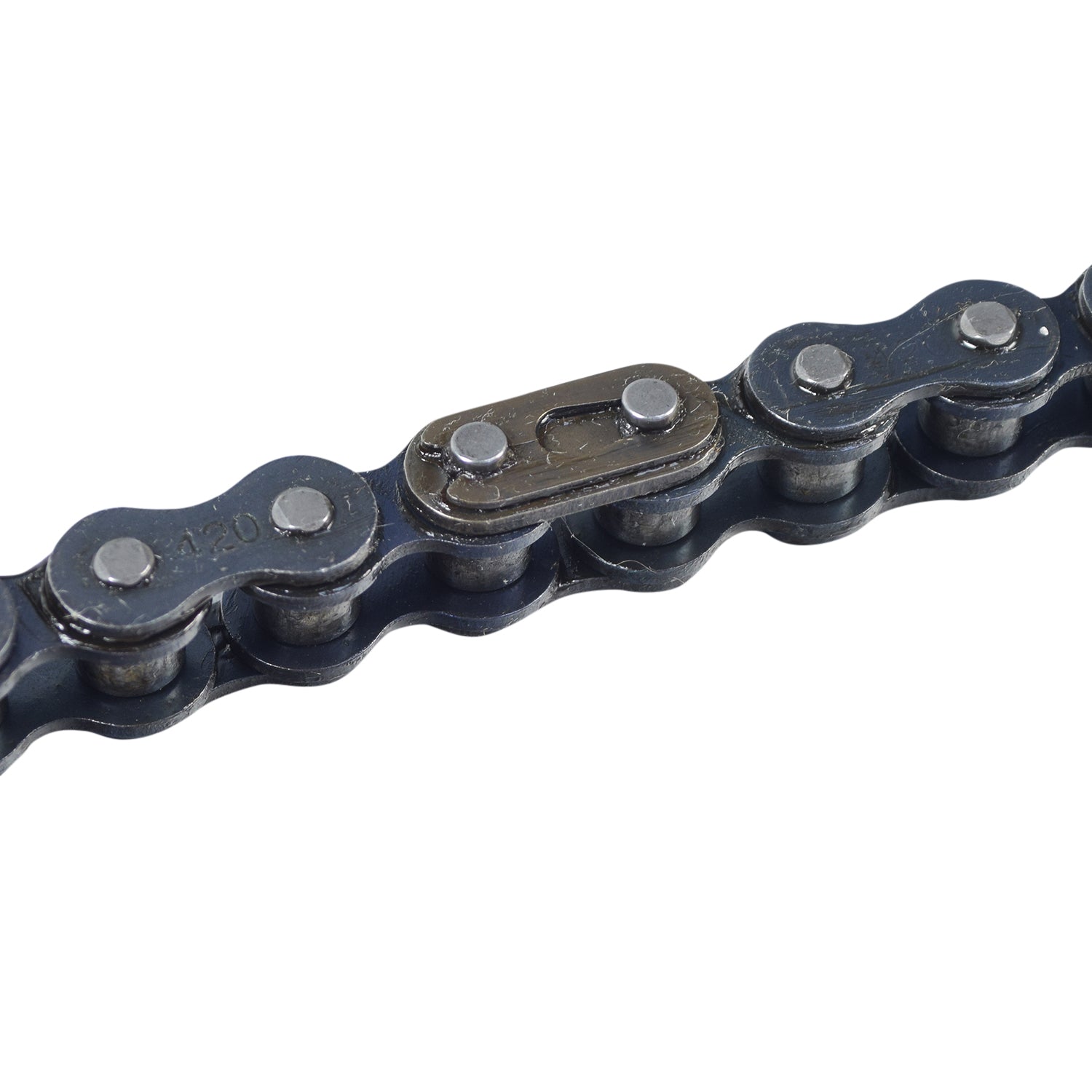 420 Open Loop Chain for ATVs, Dirt Bikes, Go-Karts, & Mini Bikes - 9 ft. with Master Link. Close-up of interlinked metal chain suitable for 49cc to 125cc engines, ready for customization.