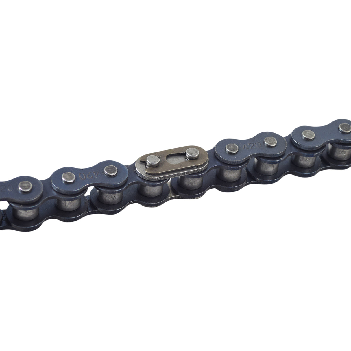 90 Link 420 Chain with visible metal links and screws, ideal for pit bikes, gas scooters, motorcycles, ATVs, go karts, and dirt bikes. Perfect replacement for Baja MB165 or MB200 Mini Bike.