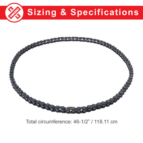 90 Link 420 Chain for Coleman BT200X, CT200U, CT200U-EX, & Massimo MB200 Mini Bikes, shown in close-up with interlocking links, ideal for mini bikes, pit bikes, and go-karts.