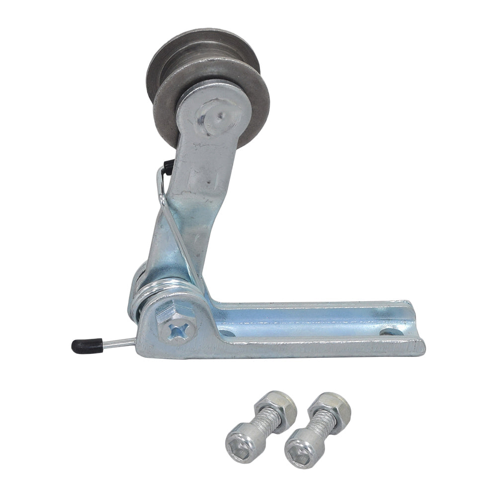 Chain Tensioner with Springs for the Razor MX350 and MX400 Dirt Rocket, featuring a metal pulley with a wire wheel, a black handle, and accompanying bolts and a nut for secure attachment.