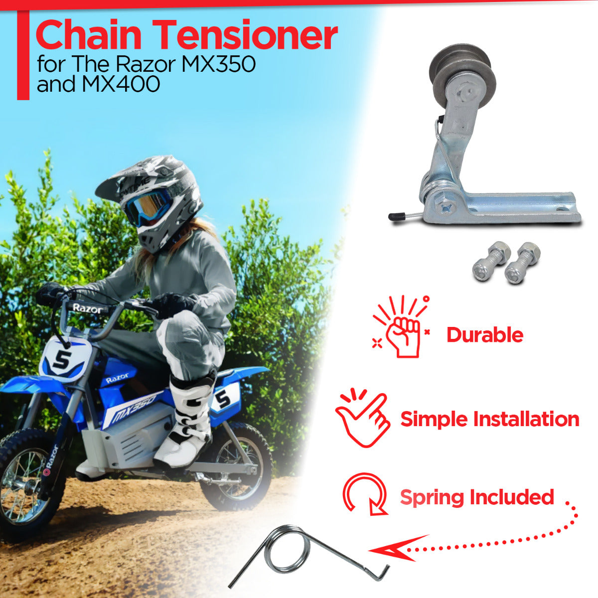 Chain Tensioner with Springs for Razor MX350 and MX400 Dirt Rocket, shown on a dirt bike with a close-up of the component and an extra spring included for convenience.