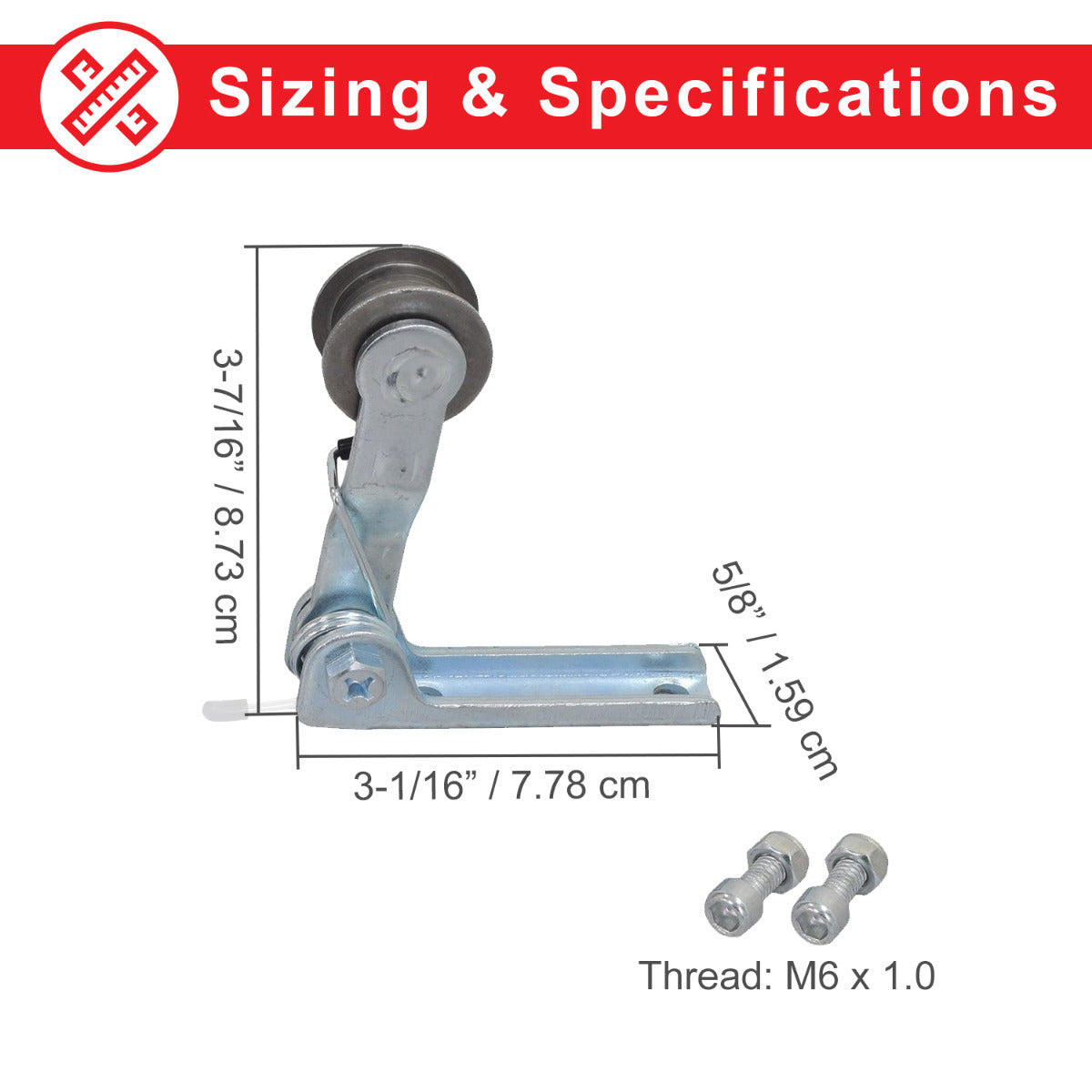 Chain Tensioner with Springs for the Razor MX350 and MX400 Dirt Rocket, featuring a metal roller with a pulley, screws, and an additional spring for secure chain tension and replacement.