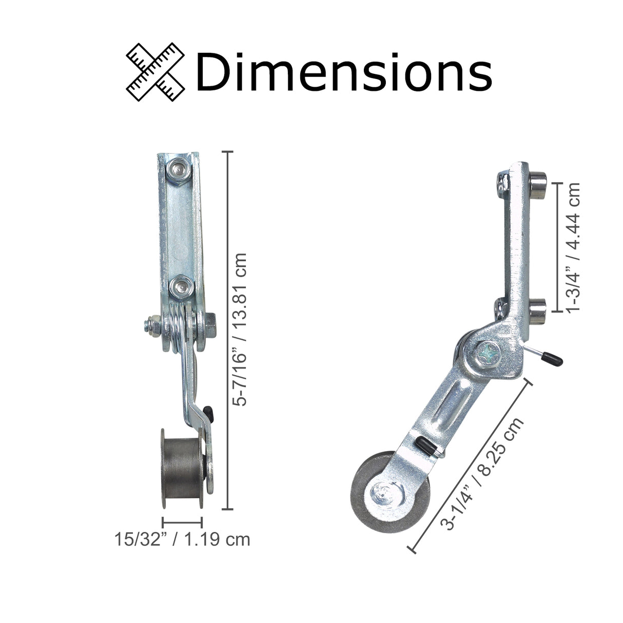 Chain tensioner for Razor Pocket Mod and Sport Mod, featuring close-ups of metal components, including a roller and measuring tape, highlighting its detailed engineering and functional design.