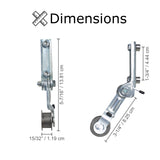 Chain tensioner for Razor Pocket Mod and Sport Mod, featuring close-ups of metal components, including a roller and measuring tape, highlighting its detailed engineering and functional design.