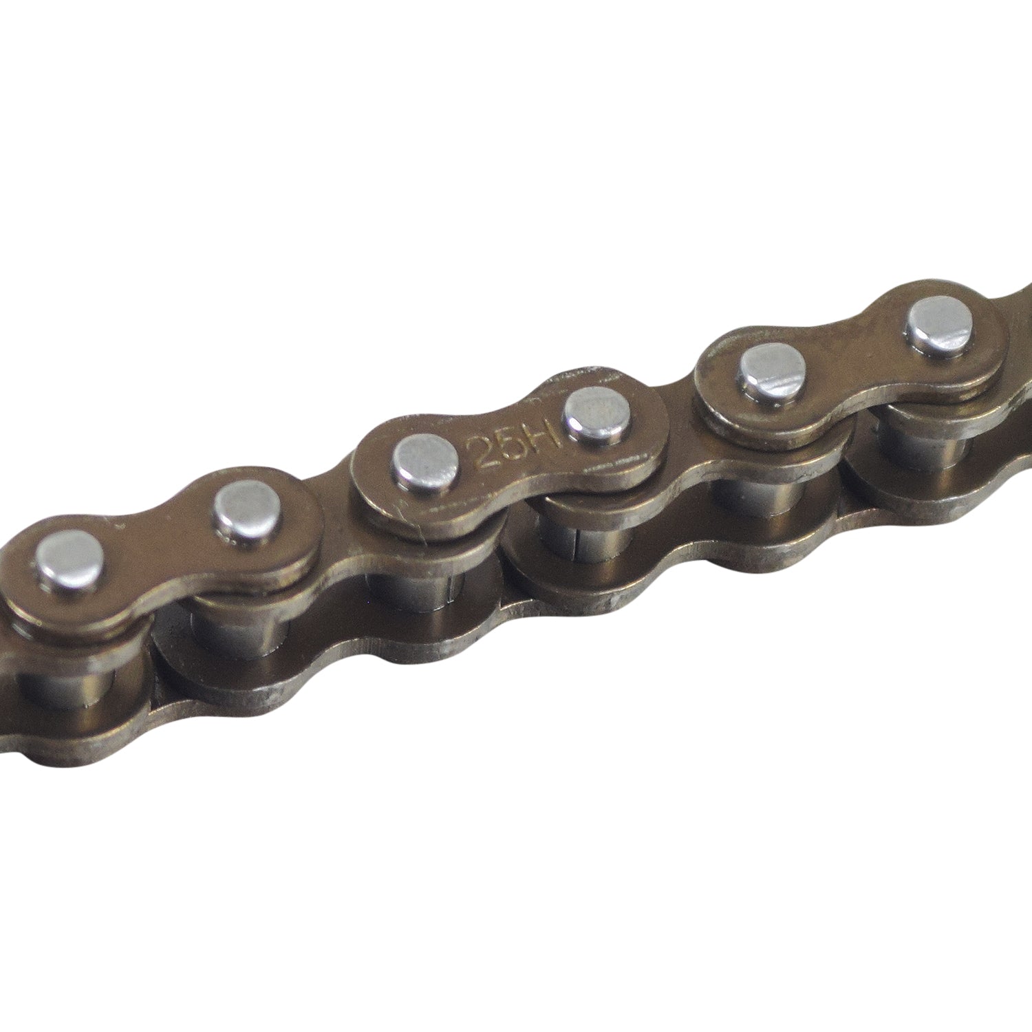 132 Link #25 Chain for Minimoto Motocross XRF500, showing close-up views of the round metal links and rivets, demonstrating its robust construction and compatibility with Razor MX500 and MX650.