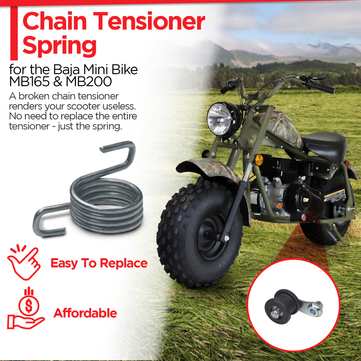 Chain Tensioner Spring for the Coleman CT200U Trail & CT200U-EX Mini Bikes, shown close-up with coiled metal design, crucial for maintaining chain tension on mini bikes.