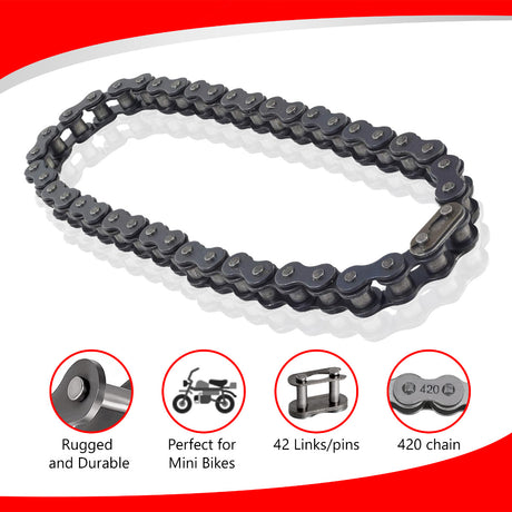 42 Link 420 Chain featuring varying bolts, designed for mini bikes like Baja Motorsports MB165 and MB200. Close-up showcases the chain's robust metal links and precise engineering.