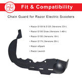 Chain Guard for the Razor E100/E125, E100 Glow, E150, E175, and eSpark, shown as a sleek black protective accessory designed to seamlessly replace the original, ensuring a perfect fit without modifications.