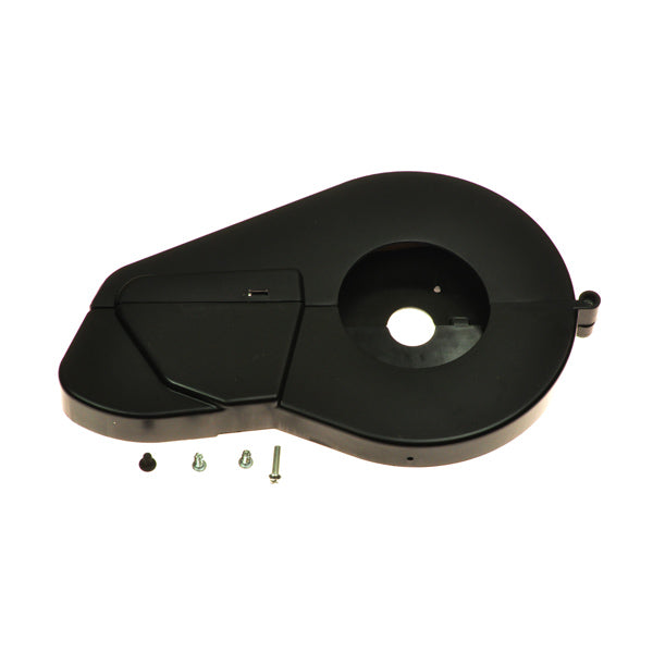 Chain Guard with Screws for the Razor EcoSmart Metro, showing a black plastic object with visible screws and a central hole, designed to protect the chain mechanism on the electric scooter.