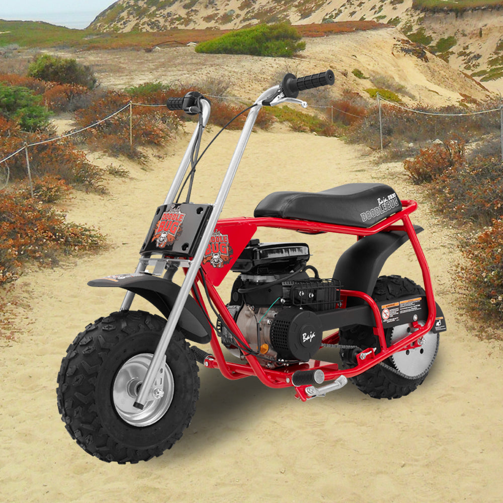 Throttle Return Spring for Baja Doodle Bug DB30, shown installed on a small red and black motorcycle parked on a dirt road, emphasizing its importance for safe operation.