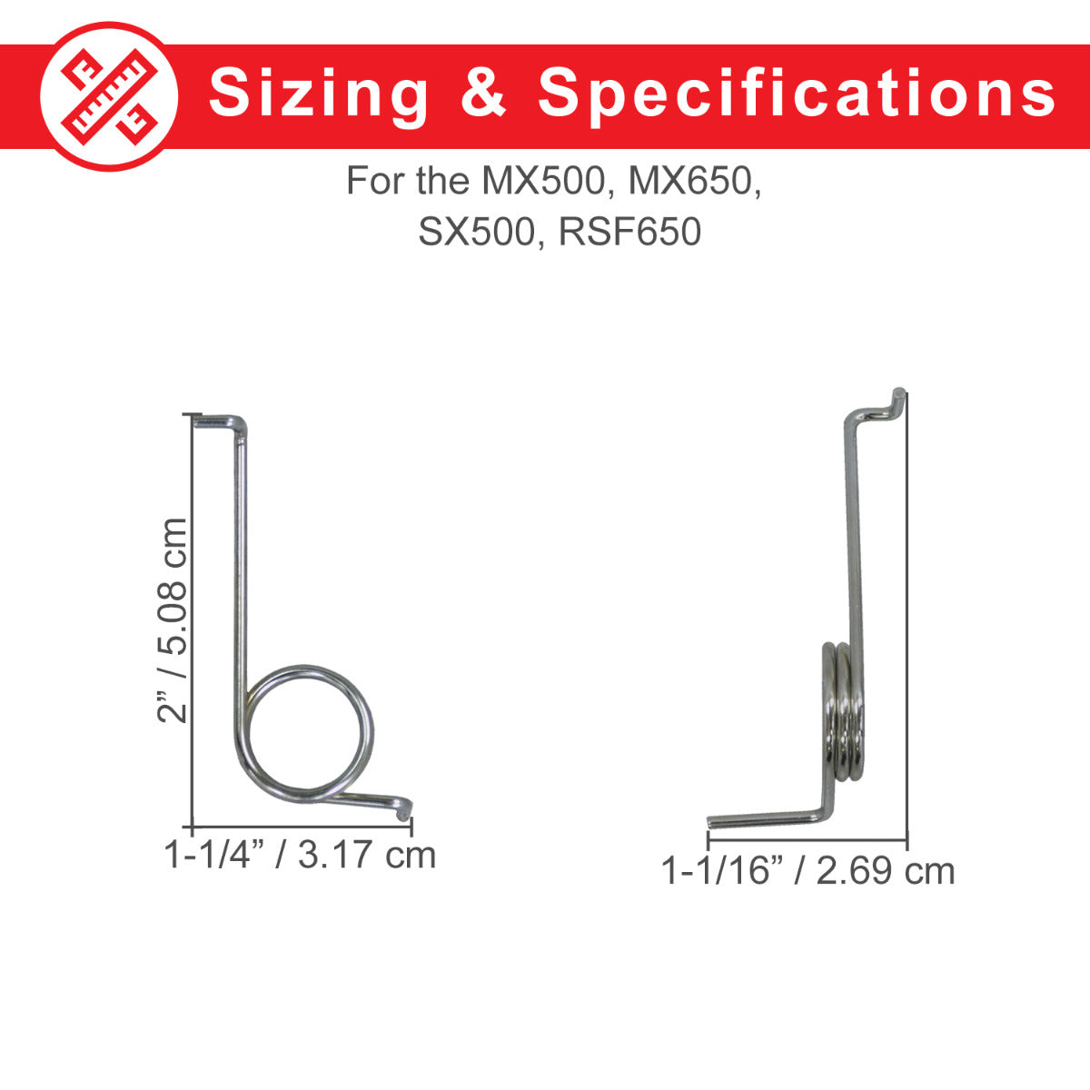 Razor Chain Tensioner Spring for the E300, MX350, MX400, MX500, MX650, RSF350, RSF650, & SX500 shown in a detailed diagram highlighting the spring's spiral design and tensioner mechanism.