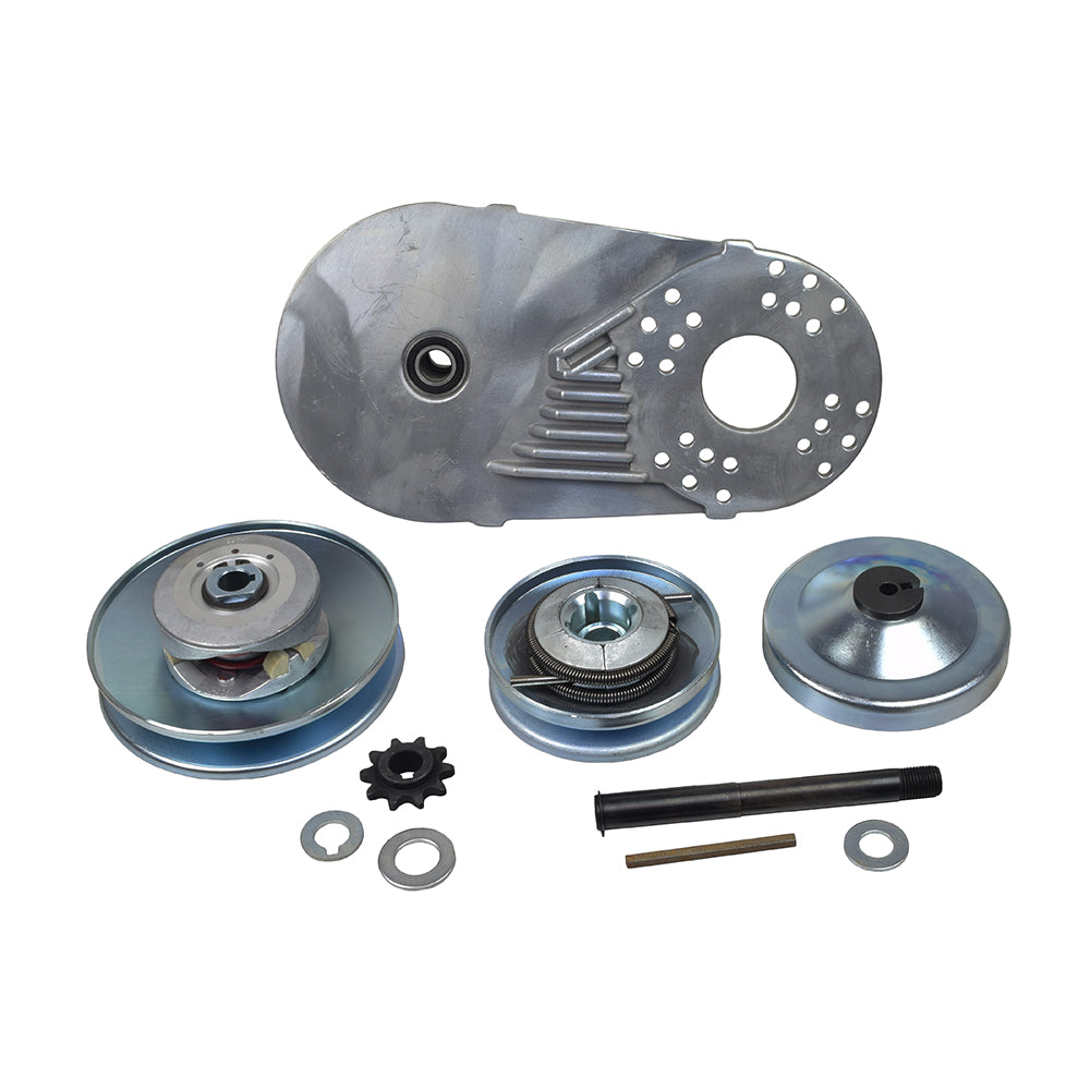 3/4 - 1 Bore 40/41/420 Chain Torque Converter Kit for Go Karts (Comet Series 30 TAV2 Replacement) featuring a close-up of metal components, pulley, and black gear with wire, ideal for go-karts and dune buggies.