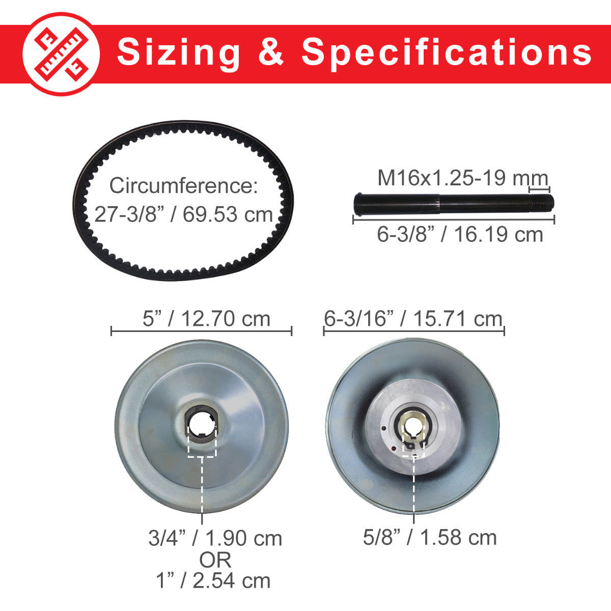 3/4 - 1 Bore 40/41/420 Chain Torque Converter Kit for Go Karts (Comet Series 30 TAV2 Replacement) showing a circular diagram with measurements, a close-up of the converter, and included components.