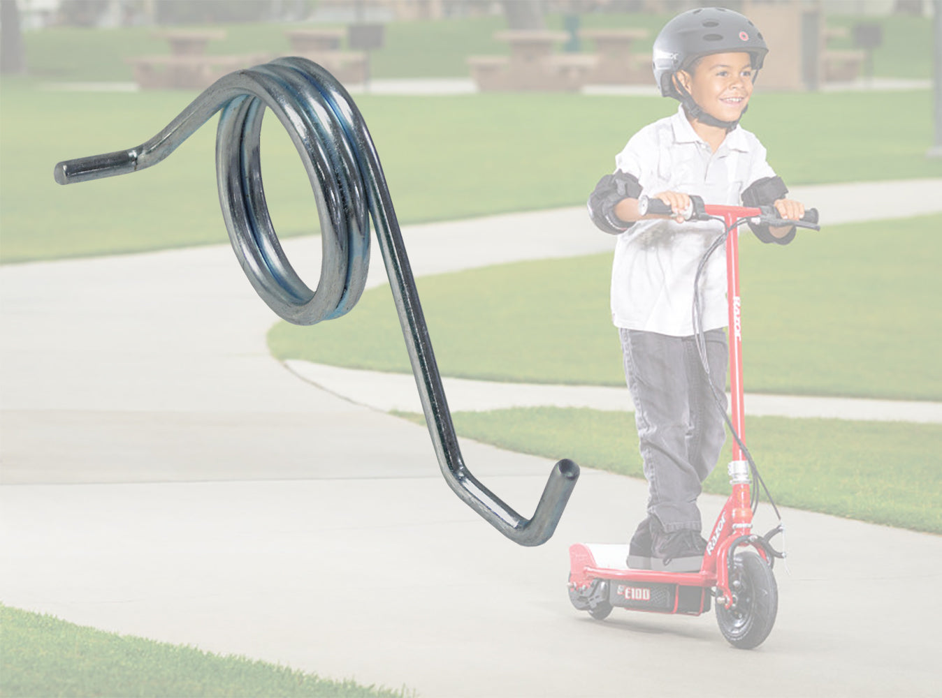 Child riding a scooter with a close-up of a metal spring. Product: Chain Tensioner Spring for Razor E100, E100 Glow, E150, E175, & E90 Accelerator, shown in detail.