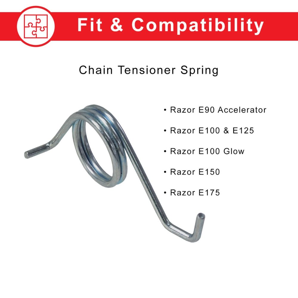 Chain Tensioner & Springs for Razor E100, E100 Glow, E150, E175, & E90 Accelerator Electric Scooters, showing a close-up of the chain tensioner with an extra spring included.