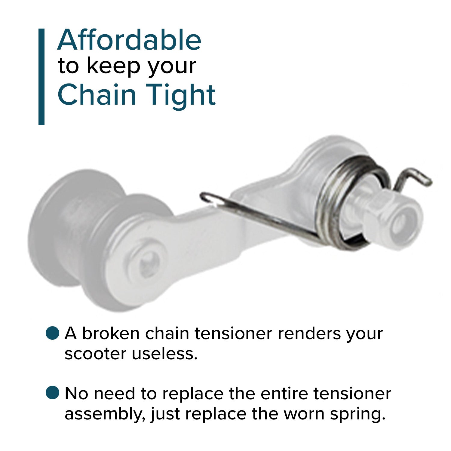 Chain Tensioner Spring for the Razor E100, E100 Glow, E150, E175, & E90 Accelerator, showing a metal spring mechanism essential for maintaining chain tension in electric scooters.