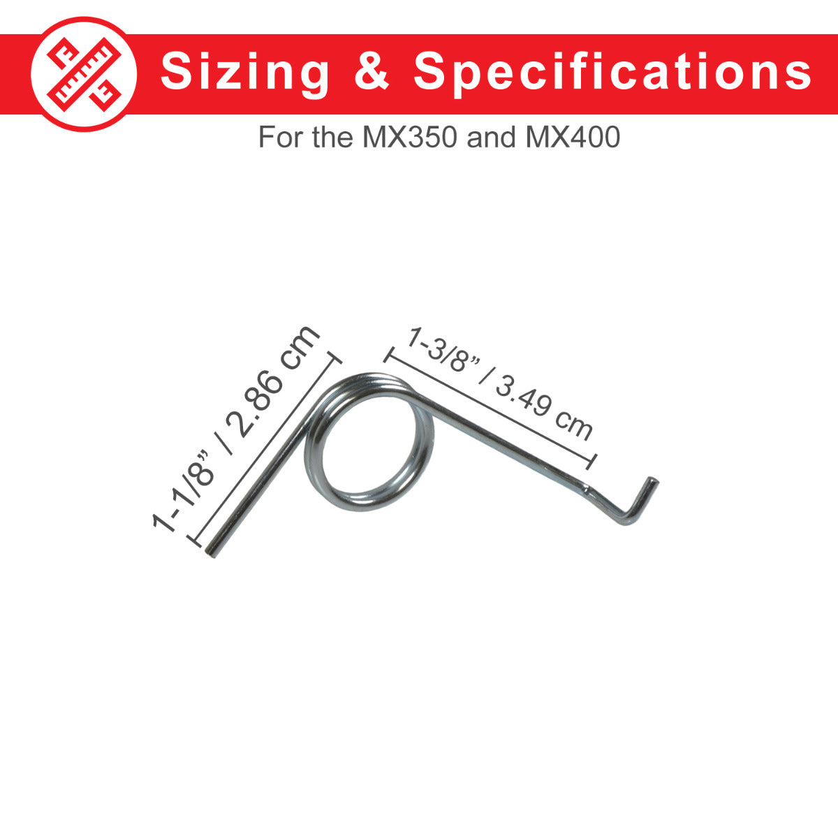 Razor Chain Tensioner Spring for the E300, MX350, MX400, MX500, MX650, RSF350, RSF650, & SX500, shown with precise measurements and detailed specifications, highlighting its coiled metal structure.