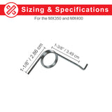 Razor Chain Tensioner Spring for the E300, MX350, MX400, MX500, MX650, RSF350, RSF650, & SX500, shown with precise measurements and detailed specifications, highlighting its coiled metal structure.