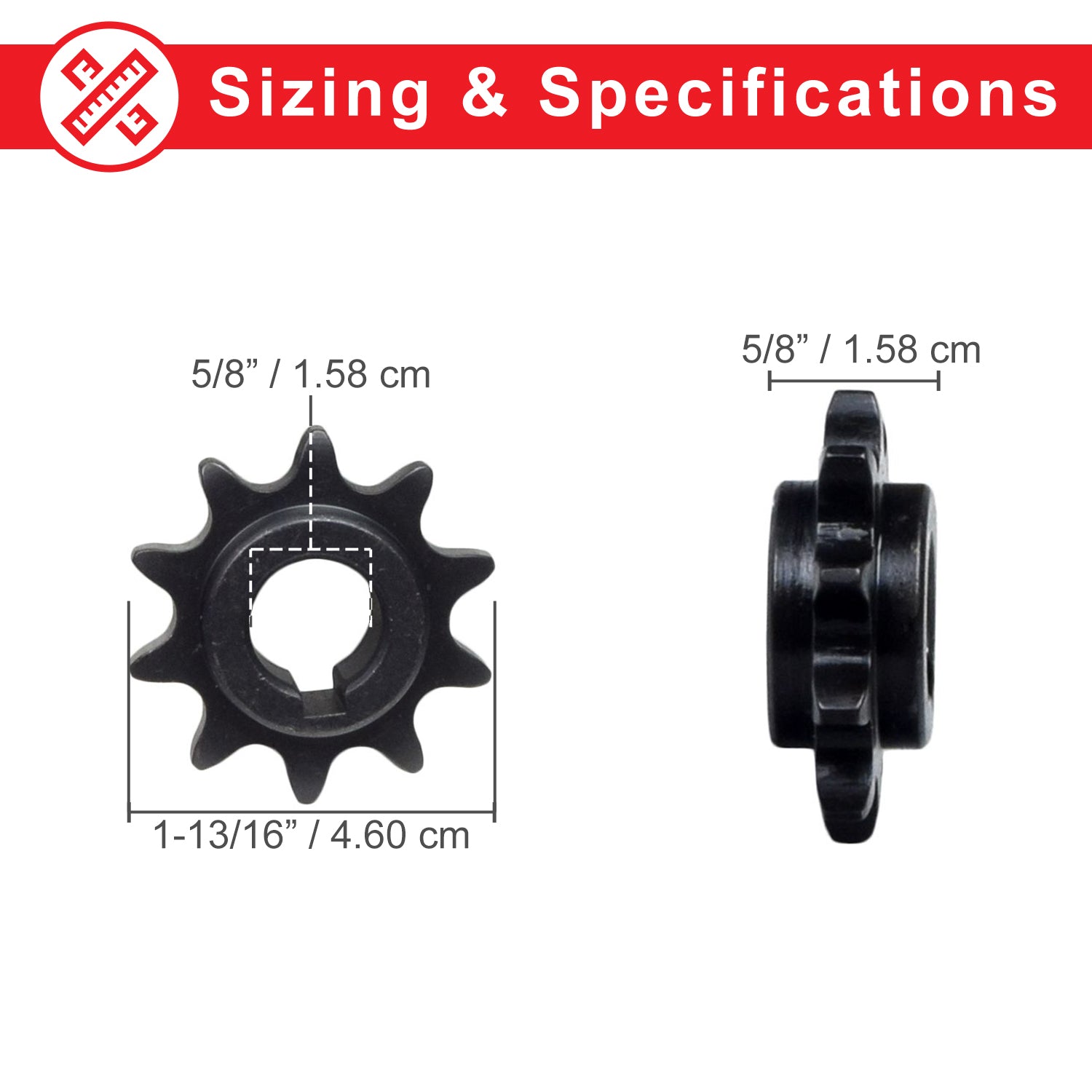 10 Tooth #40/#41/420 Chain Sprocket for 20 & 30 Series Torque Converters (5/8 Inside Diameter), showing black metal gear with a central hole, precise measurements, and a close-up of the teeth.