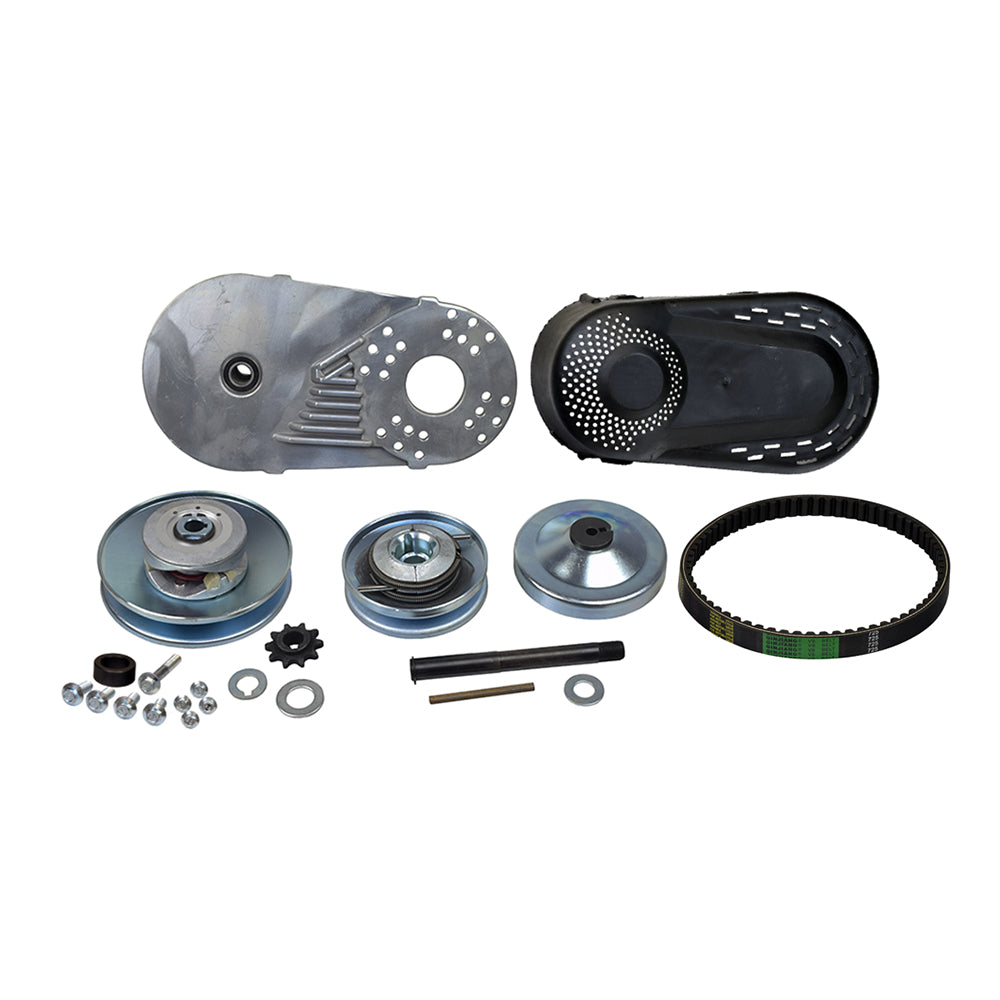 1 Bore 40/41/420 Chain Torque Converter Kit for Go-Karts (Blemished), featuring various metal parts, a black plastic cover, and a black gear with a hole, excluding the pulleys.