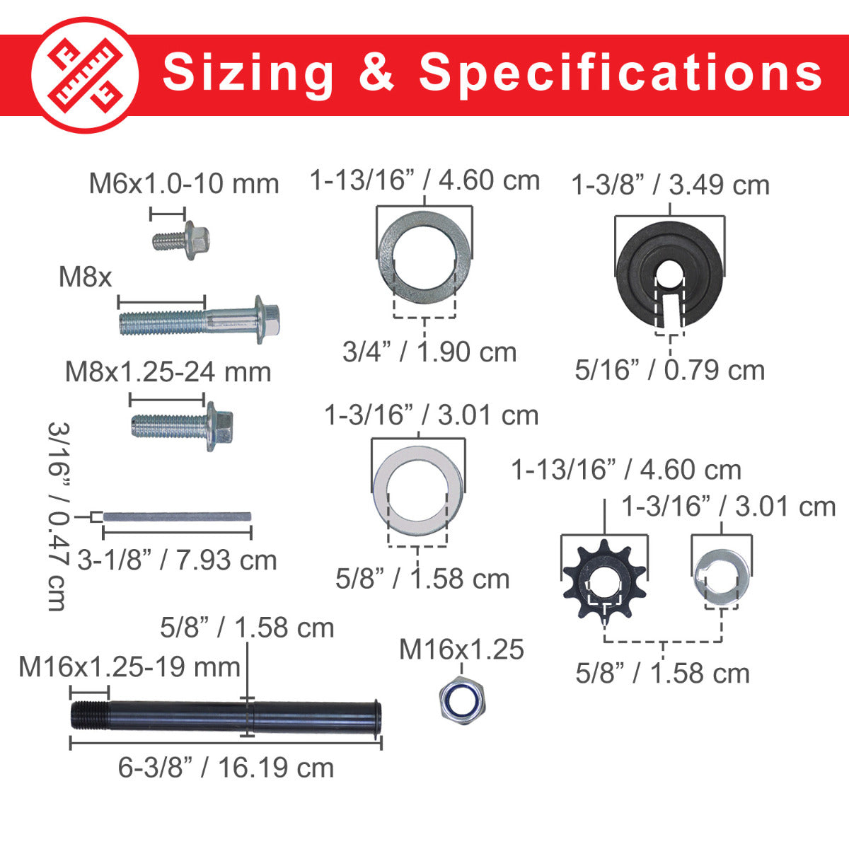 Diagram featuring different types and sizes of nuts and bolts, illustrating components of the 3/4 - 1 Bore 40/41/420 Chain Torque Converter Kit for Go Karts (Comet Series 30 TAV2 Replacement).