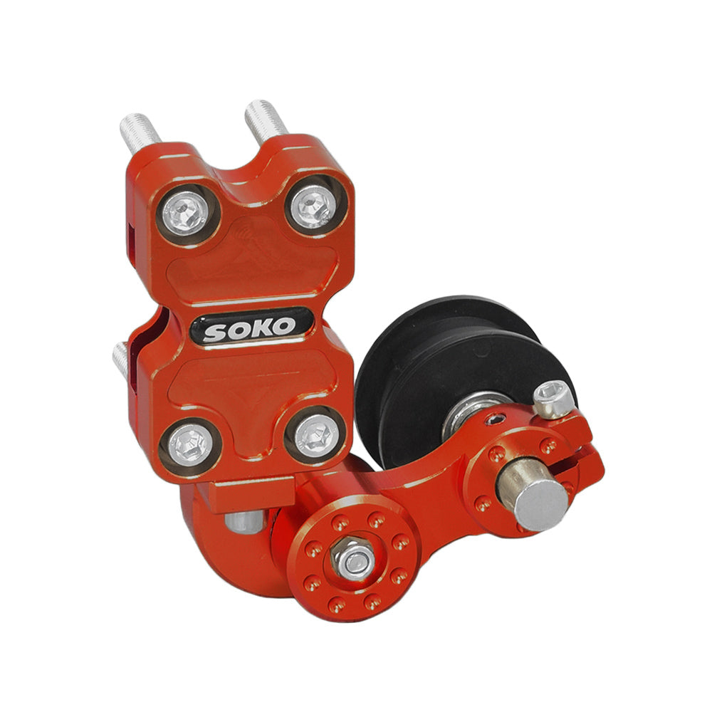 Aluminum Dirt Bike Chain Tensioner featuring a red and silver metal design with black wheels and three lights. This universal tensioner ensures automatic chain adjustment for various dirt bike brands and models.